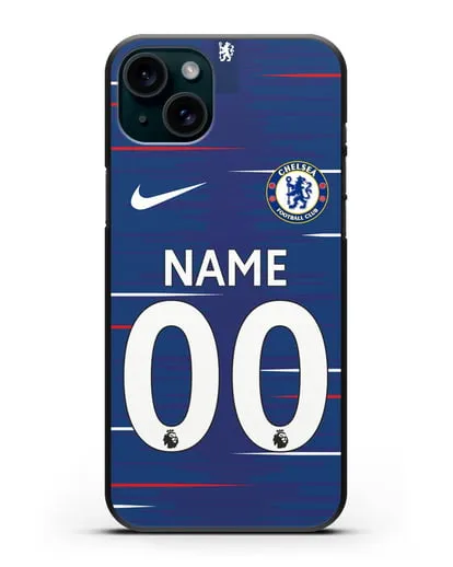 Именной чехол Челси с фамилией и номером (сезон 2018-2019) синяя форма силиконовый для iPhone 15 Plus