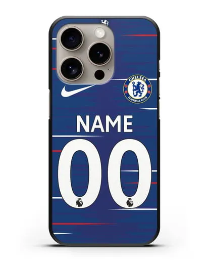 Именной чехол Челси с фамилией и номером (сезон 2018-2019) синяя форма силиконовый для iPhone 15 Pro