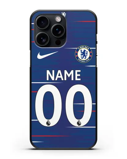 Именной чехол Челси с фамилией и номером (сезон 2018-2019) синяя форма силиконовый для iPhone 15 Pro Max