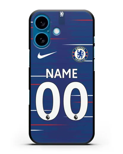 Именной чехол Челси с фамилией и номером (сезон 2018-2019) синяя форма силиконовый для iPhone 16