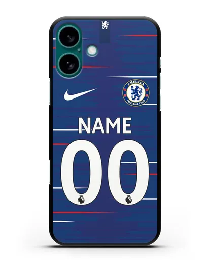 Именной чехол Челси с фамилией и номером (сезон 2018-2019) синяя форма силиконовый для iPhone 16 Plus