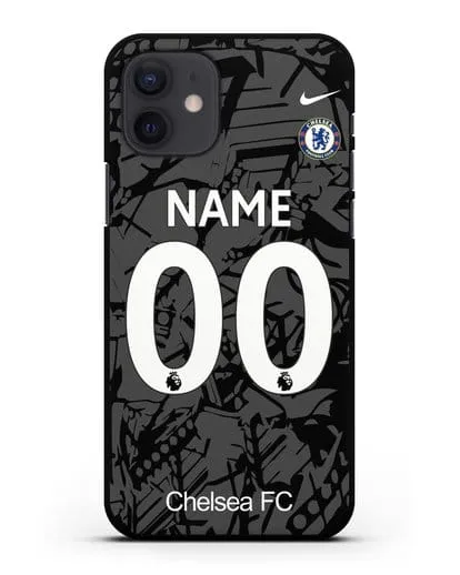 Именной чехол Челси с фамилией и номером (сезон 2019-2020) черная форма силиконовый для iPhone 12