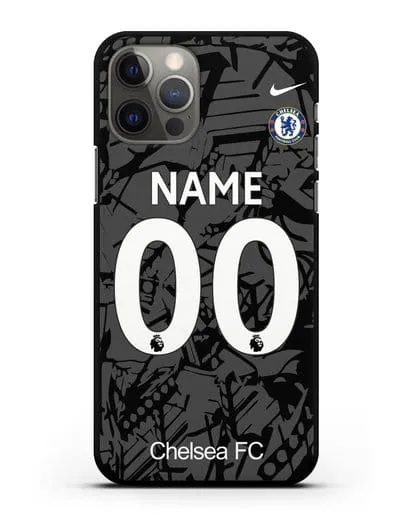 Именной чехол Челси с фамилией и номером (сезон 2019-2020) черная форма силиконовый для iPhone 12 Pro