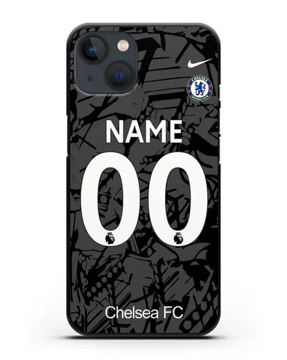 Именной чехол Челси с фамилией и номером (сезон 2019-2020) черная форма силиконовый для iPhone 13