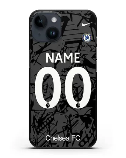 Именной чехол Челси с фамилией и номером (сезон 2019-2020) черная форма силиконовый для iPhone 14