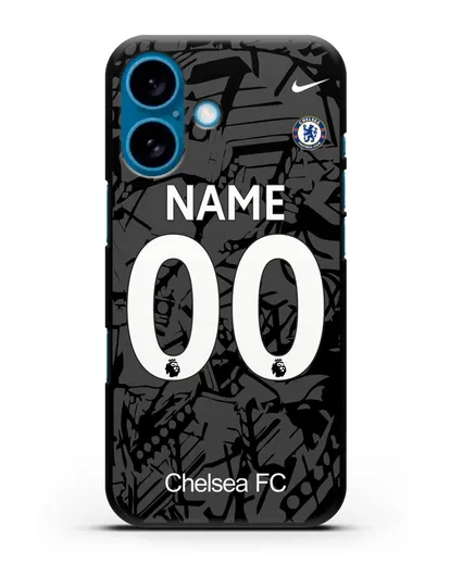 Именной чехол Челси с фамилией и номером (сезон 2019-2020) черная форма силиконовый для iPhone 16