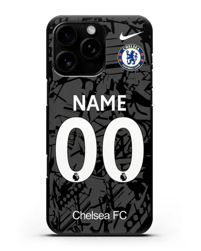 Именной чехол Челси с фамилией и номером (сезон 2019-2020) черная форма силиконовый для iPhone 16 Pro Max