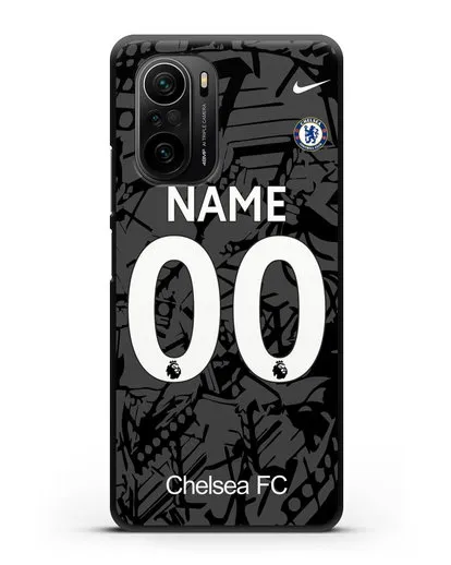 Именной чехол Челси с фамилией и номером (сезон 2019-2020) черная форма силиконовый для Xiaomi Poco F3