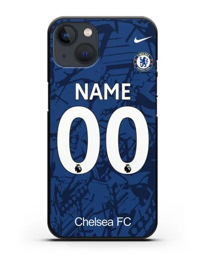 Именной чехол Челси с фамилией и номером (сезон 2019-2020) синяя форма силиконовый для iPhone 13