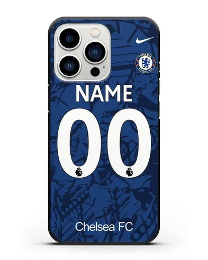 Именной чехол Челси с фамилией и номером (сезон 2019-2020) синяя форма силиконовый для iPhone 13 Pro