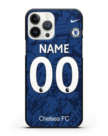 Именной чехол Челси с фамилией и номером (сезон 2019-2020) синяя форма силиконовый для iPhone 13 Pro Max