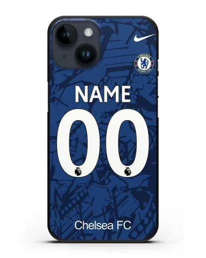 Именной чехол Челси с фамилией и номером (сезон 2019-2020) синяя форма силиконовый для iPhone 14
