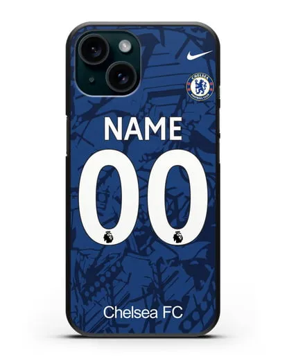 Именной чехол Челси с фамилией и номером (сезон 2019-2020) синяя форма силиконовый для iPhone 15