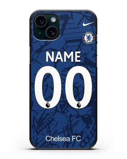 Именной чехол Челси с фамилией и номером (сезон 2019-2020) синяя форма силиконовый для iPhone 15 Plus