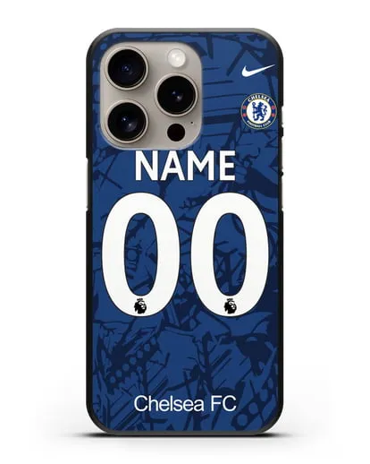 Именной чехол Челси с фамилией и номером (сезон 2019-2020) синяя форма силиконовый для iPhone 15 Pro