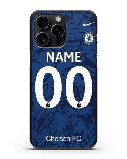 Именной чехол Челси с фамилией и номером (сезон 2019-2020) синяя форма силиконовый для iPhone 15 Pro Max