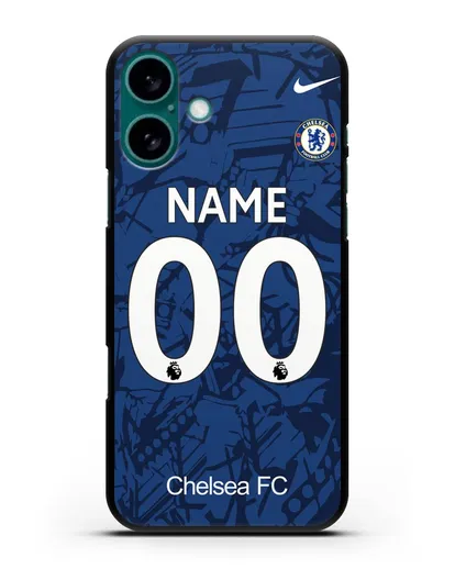 Именной чехол Челси с фамилией и номером (сезон 2019-2020) синяя форма силиконовый для iPhone 16 Plus
