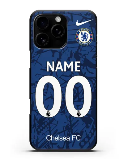Именной чехол Челси с фамилией и номером (сезон 2019-2020) синяя форма силиконовый для iPhone 16 Pro Max