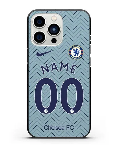 Именной чехол ФК Челси с фамилией и номером (сезон 2020-2021) гостевая форма силиконовый для iPhone 13 Pro