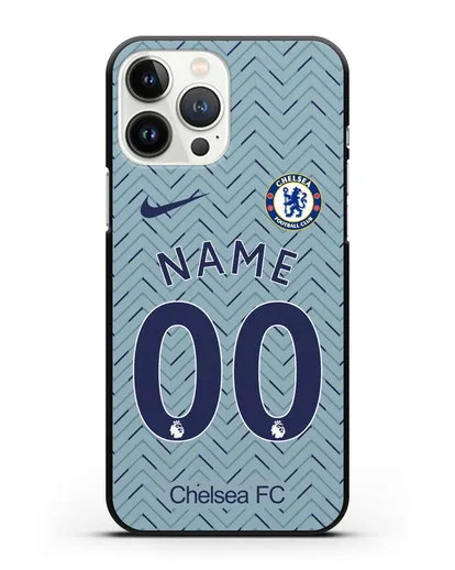 Именной чехол ФК Челси с фамилией и номером (сезон 2020-2021) гостевая форма силиконовый для iPhone 13 Pro Max