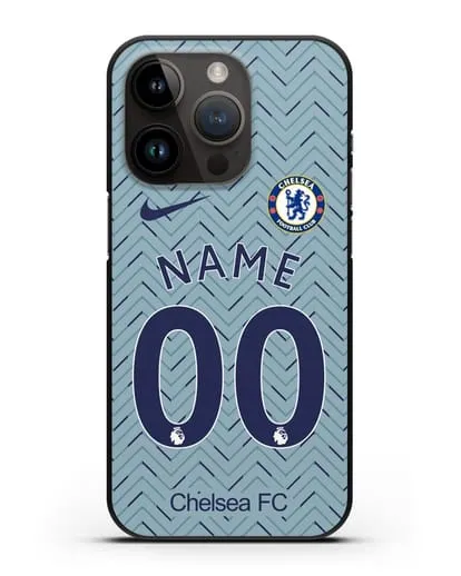 Именной чехол ФК Челси с фамилией и номером (сезон 2020-2021) гостевая форма силиконовый для iPhone 14 Pro