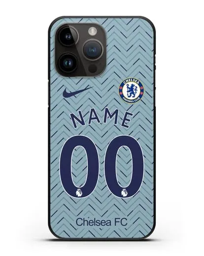 Именной чехол ФК Челси с фамилией и номером (сезон 2020-2021) гостевая форма силиконовый для iPhone 14 Pro Max