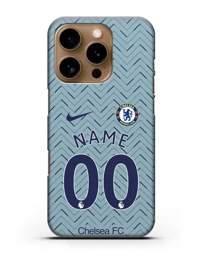 Именной чехол ФК Челси с фамилией и номером (сезон 2020-2021) гостевая форма силиконовый для iPhone 16 Pro