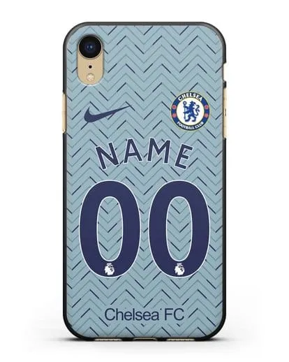 Именной чехол ФК Челси с фамилией и номером (сезон 2020-2021) гостевая форма силиконовый для iPhone XR