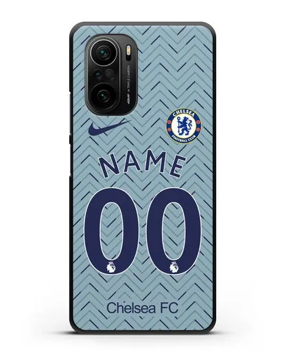 Именной чехол ФК Челси с фамилией и номером (сезон 2020-2021) гостевая форма силиконовый для Xiaomi Poco F3 Pro