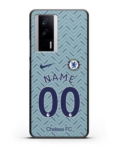 Именной чехол ФК Челси с фамилией и номером (сезон 2020-2021) гостевая форма силиконовый для Xiaomi Poco F5 Pro