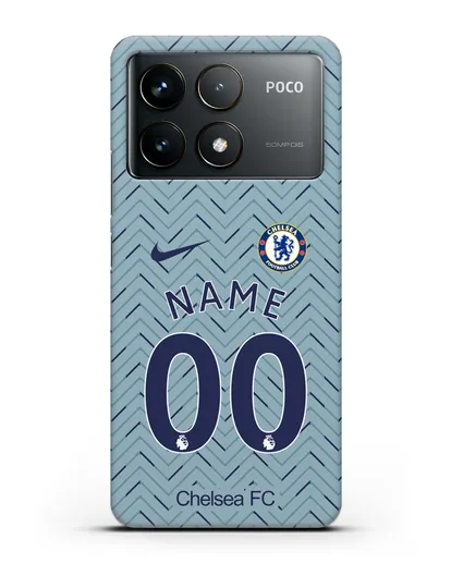 Именной чехол ФК Челси с фамилией и номером (сезон 2020-2021) гостевая форма силиконовый для Xiaomi Poco F6 Pro