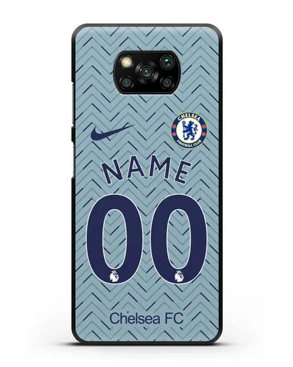 Именной чехол ФК Челси с фамилией и номером (сезон 2020-2021) гостевая форма силиконовый для Xiaomi Poco X3 Pro