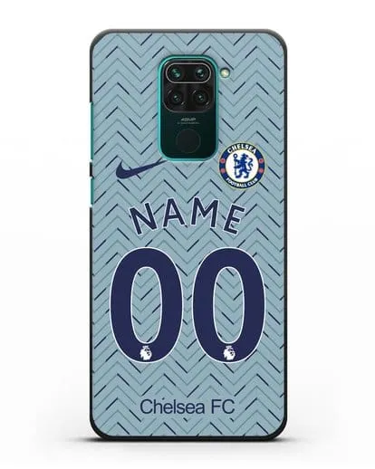 Именной чехол ФК Челси с фамилией и номером (сезон 2020-2021) гостевая форма силиконовый для Xiaomi Redmi Note 9