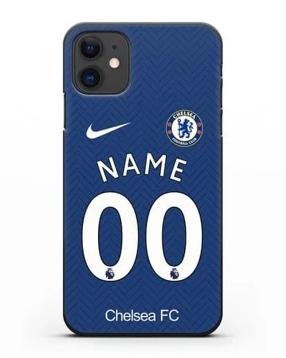 Именной чехол ФК Челси с фамилией и номером (сезон 2020-2021) домашняя форма силиконовый для iPhone 11