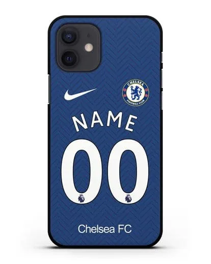 Именной чехол ФК Челси с фамилией и номером (сезон 2020-2021) домашняя форма силиконовый для iPhone 12
