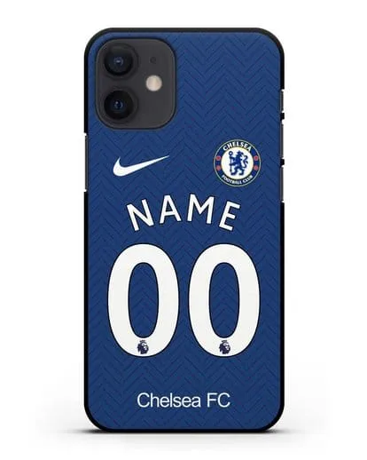 Именной чехол ФК Челси с фамилией и номером (сезон 2020-2021) домашняя форма силиконовый для iPhone 12 mini