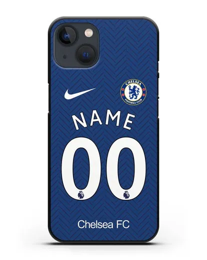 Именной чехол ФК Челси с фамилией и номером (сезон 2020-2021) домашняя форма силиконовый для iPhone 13