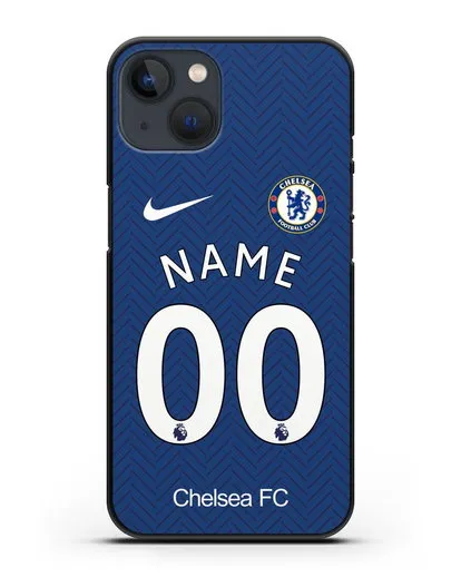Именной чехол ФК Челси с фамилией и номером (сезон 2020-2021) домашняя форма силиконовый для iPhone 13 Mini