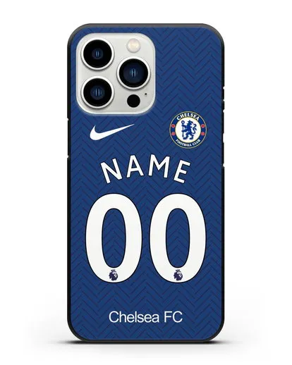 Именной чехол ФК Челси с фамилией и номером (сезон 2020-2021) домашняя форма силиконовый для iPhone 13 Pro
