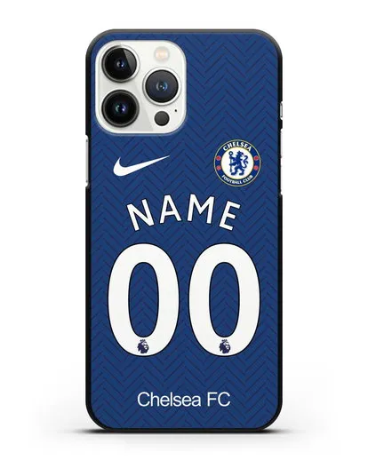 Именной чехол ФК Челси с фамилией и номером (сезон 2020-2021) домашняя форма силиконовый для iPhone 13 Pro Max