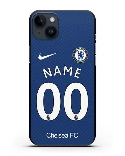 Именной чехол ФК Челси с фамилией и номером (сезон 2020-2021) домашняя форма силиконовый для iPhone 14 Plus