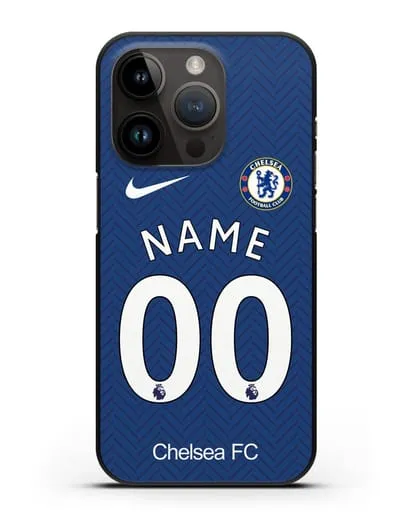 Именной чехол ФК Челси с фамилией и номером (сезон 2020-2021) домашняя форма силиконовый для iPhone 14 Pro
