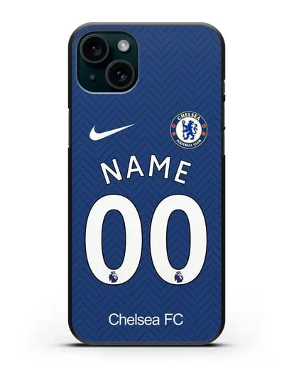 Именной чехол ФК Челси с фамилией и номером (сезон 2020-2021) домашняя форма силиконовый для iPhone 15 Plus