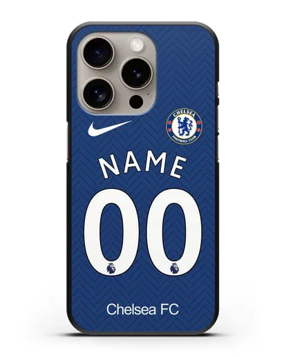 Именной чехол ФК Челси с фамилией и номером (сезон 2020-2021) домашняя форма силиконовый для iPhone 15 Pro