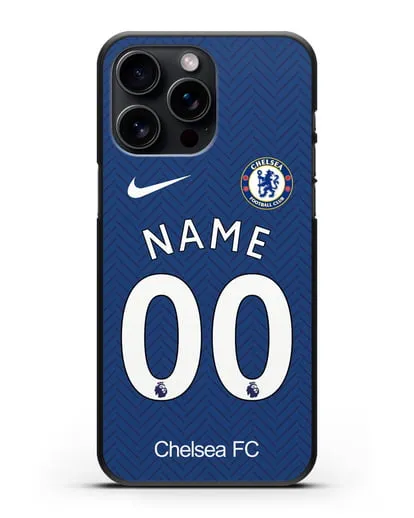 Именной чехол ФК Челси с фамилией и номером (сезон 2020-2021) домашняя форма силиконовый для iPhone 15 Pro Max