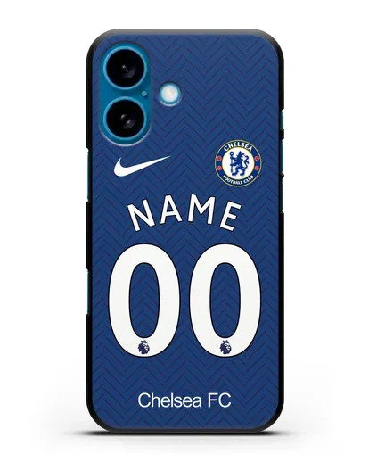 Именной чехол ФК Челси с фамилией и номером (сезон 2020-2021) домашняя форма силиконовый для iPhone 16