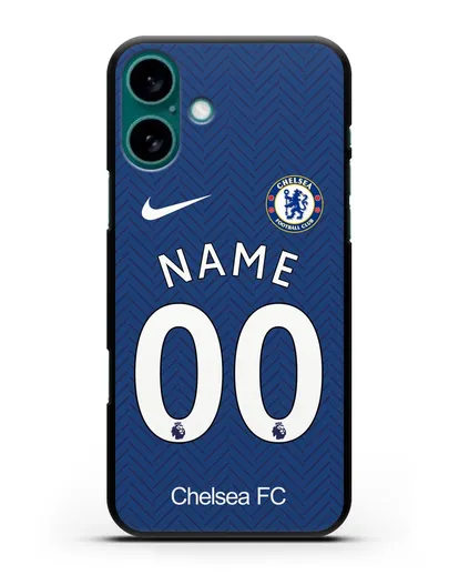 Именной чехол ФК Челси с фамилией и номером (сезон 2020-2021) домашняя форма силиконовый для iPhone 16 Plus