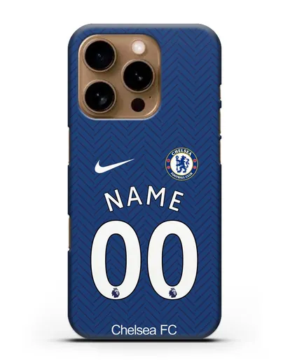 Именной чехол ФК Челси с фамилией и номером (сезон 2020-2021) домашняя форма силиконовый для iPhone 16 Pro
