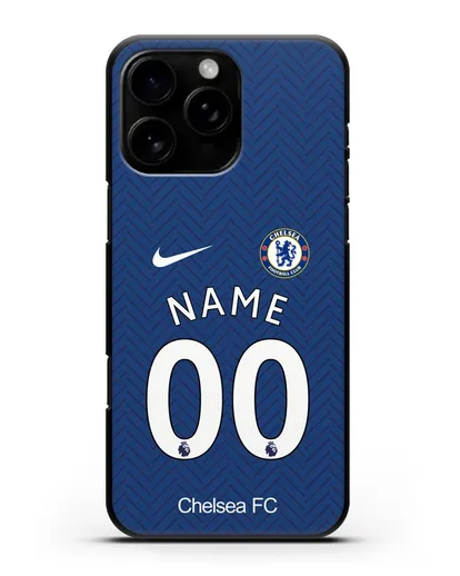 Именной чехол ФК Челси с фамилией и номером (сезон 2020-2021) домашняя форма силиконовый для iPhone 16 Pro Max