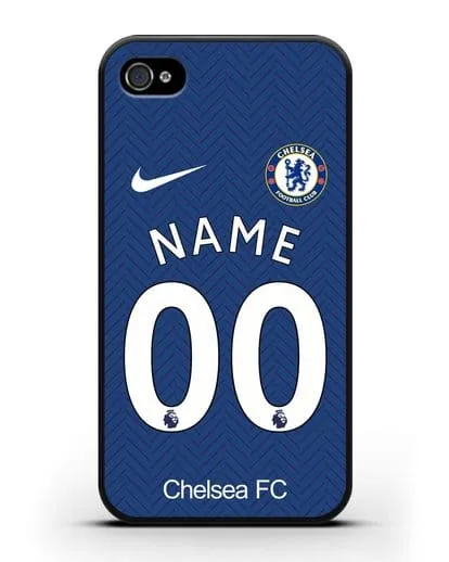 Именной чехол ФК Челси с фамилией и номером (сезон 2020-2021) домашняя форма силиконовый для iPhone 4/4s